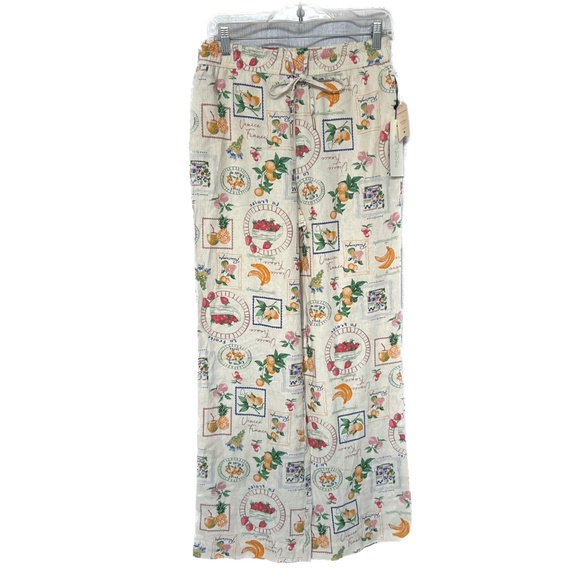 New Rachel Zoe Linen Blend Pants Sz S Wide Leg Cream & Green Tropical Fruit NWT - Picture 2 of 8